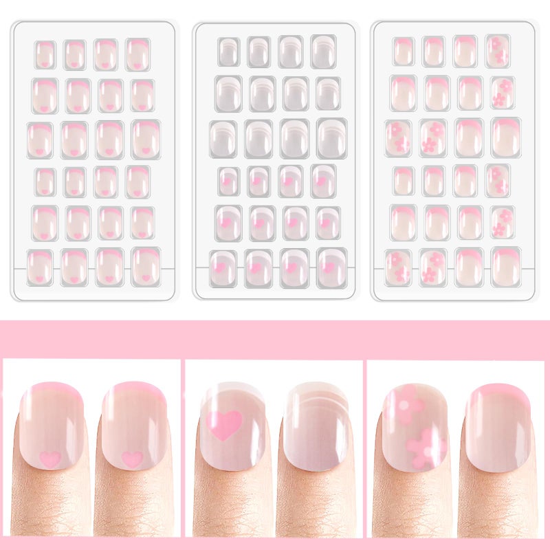 Laza 72pcs Children Nails Press On Pre-glue Full Cover White Pink Heart Flower Short False Nail Kits for Kids Teenager Girls - French Manicure - Image 2