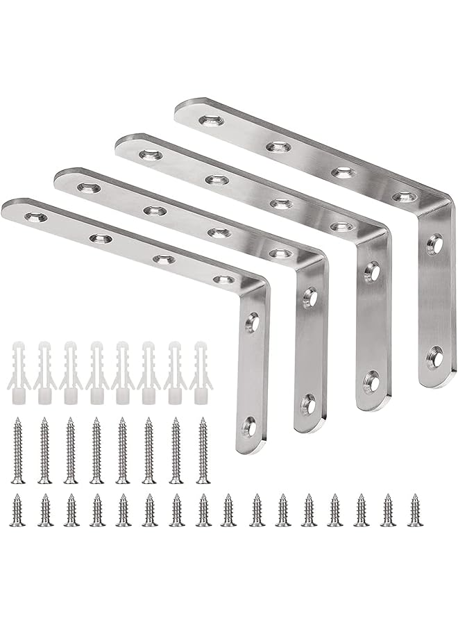 The Bros L Bracket with Screws, Max Load: 20KG, 4pcs Heavy Duty Stainless Steel Solid Shelf Support Corner Brace Joint Right Angle Bracket (150x100x24mm) - Image 1