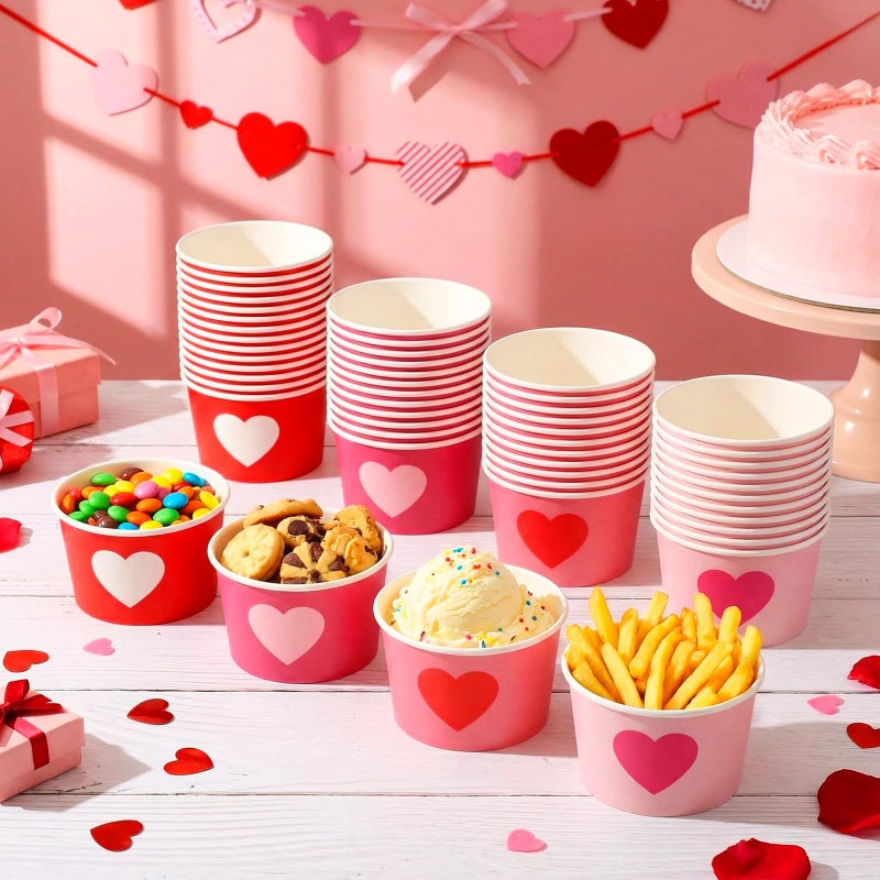 Romooa 48 Pcs 9oz Valentine's Day Paper Bowls Heart Treat Snack Cups Galentine's Day Ice Cream Dessert Bowls Pink Red Treat Snack Dessert Cups for Hot or Cold Food Party Favor Supplies - Image 5