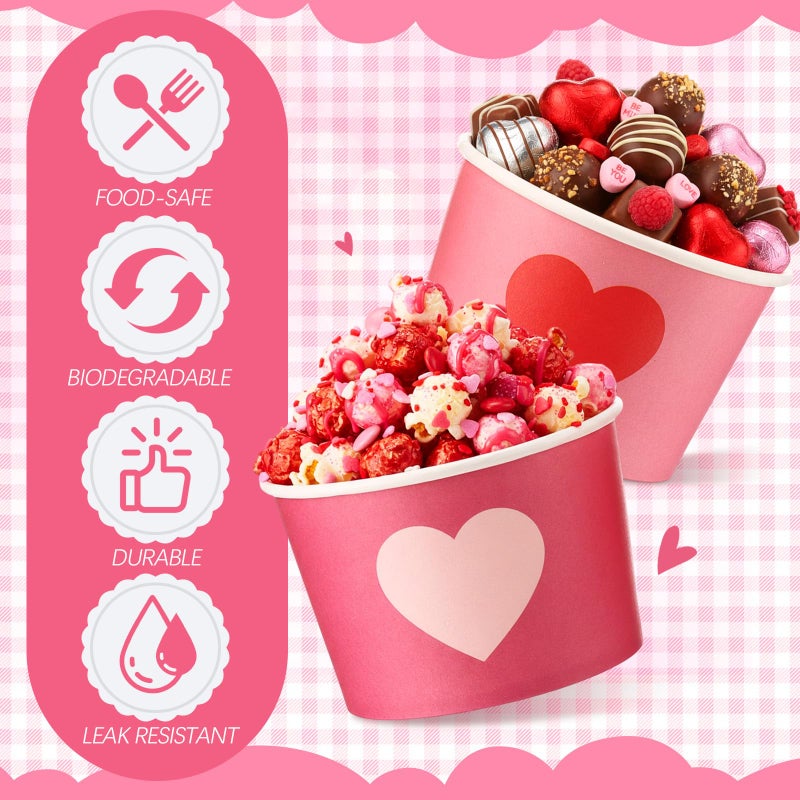Romooa 48 Pcs 9oz Valentine's Day Paper Bowls Heart Treat Snack Cups Galentine's Day Ice Cream Dessert Bowls Pink Red Treat Snack Dessert Cups for Hot or Cold Food Party Favor Supplies - Image 2