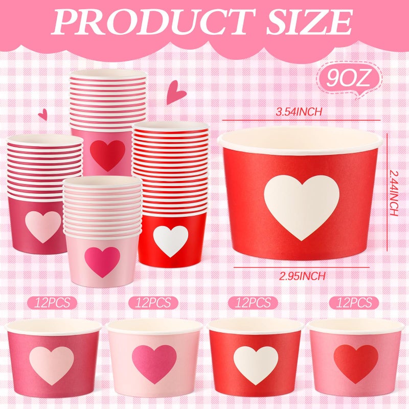 Romooa 48 Pcs 9oz Valentine's Day Paper Bowls Heart Treat Snack Cups Galentine's Day Ice Cream Dessert Bowls Pink Red Treat Snack Dessert Cups for Hot or Cold Food Party Favor Supplies - Image 3