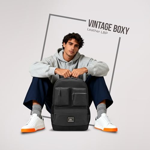 Gear Vintage Boxy 18"/26L Medium Faux Leather Water Resistant Laptop Backpack/Casual Bag/Daypack/Travel Backpack/College Backpack For Men/Women (Black - Black) - Image 2