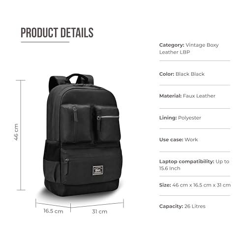 Gear Vintage Boxy 18"/26L Medium Faux Leather Water Resistant Laptop Backpack/Casual Bag/Daypack/Travel Backpack/College Backpack For Men/Women (Black - Black) - Image 3