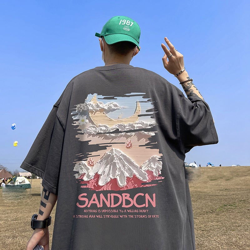 Short-Sleeved T-Shirt Men'S Summer American Trendy Loose Student Heavyweight Trendy Brand Large Size Half-Sleeved T-Shirt Versatile Clothes - Image 1
