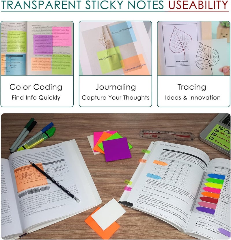 OFIXO Transparent (100 Pcs Yellow 3x3 Inch) Self-Adhesive Sticky Notes, OFIXO Clear See Through Post for Planner Office School College Teacher Student Supplies - Image 3