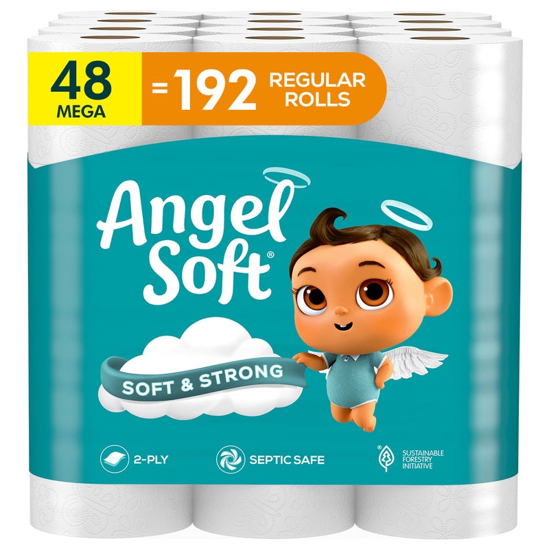 Angel Soft Toilet Paper, 48 Mega Rolls = 192 Regular Rolls, Soft and Strong Toilet Tissue - Image 1