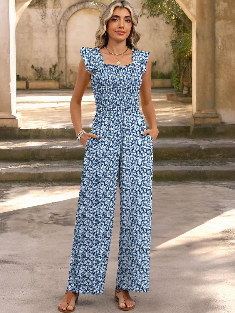 Caracilia Jumpsuits for Women Dressy Casual Smocked Ruffle Cap Sleeve Rompers 2026 One Piece Summer Outfits with Pockets Navy Blue White Floral Medium - Image 2