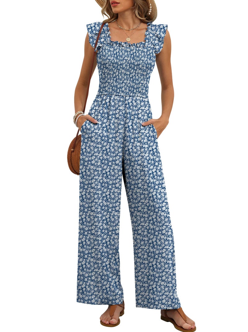 Caracilia Jumpsuits for Women Dressy Casual Smocked Ruffle Cap Sleeve Rompers 2026 One Piece Summer Outfits with Pockets Navy Blue White Floral Medium - Image 1