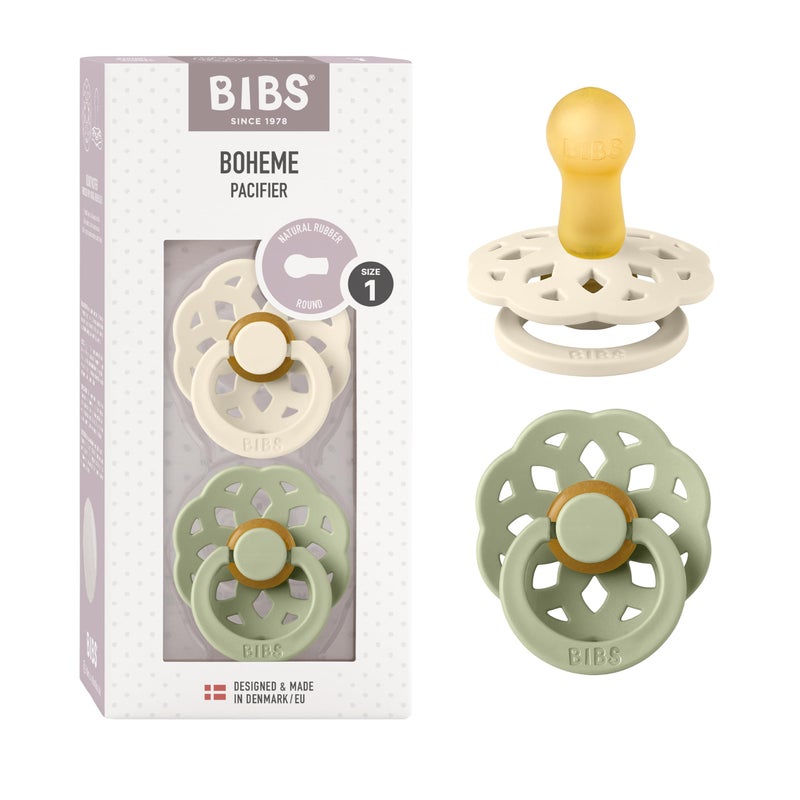 BIBS Pacifiers - Boheme Collection | BPA-Free Round Nipple | Nautral Rubber Latex | Made in Denmark | Set of 2 Ivory/Sage Color Premium Soothers | Size 0-6 Months - Image 1