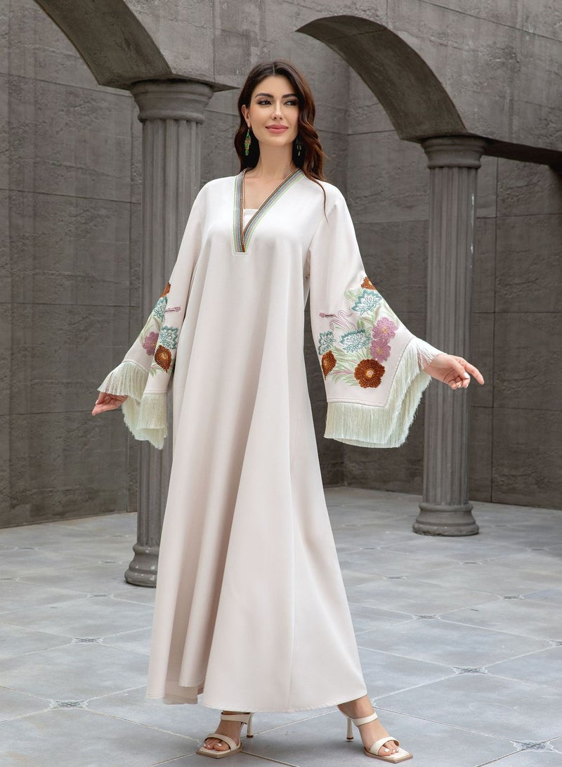 New elegant ivory jalabiya for women, with a V-neck, tassel sleeves and floral embroidery - a modern and traditional design for special occasions - Image 3