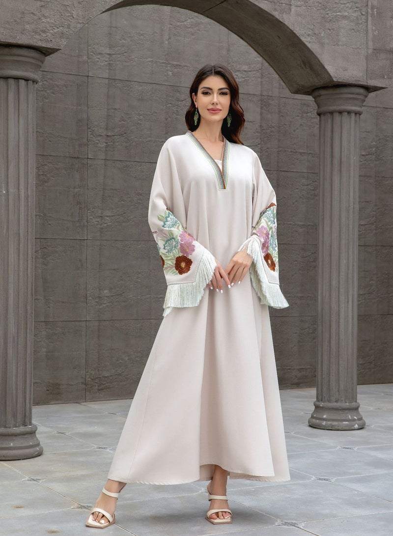 New elegant ivory jalabiya for women, with a V-neck, tassel sleeves and floral embroidery - a modern and traditional design for special occasions - Image 4