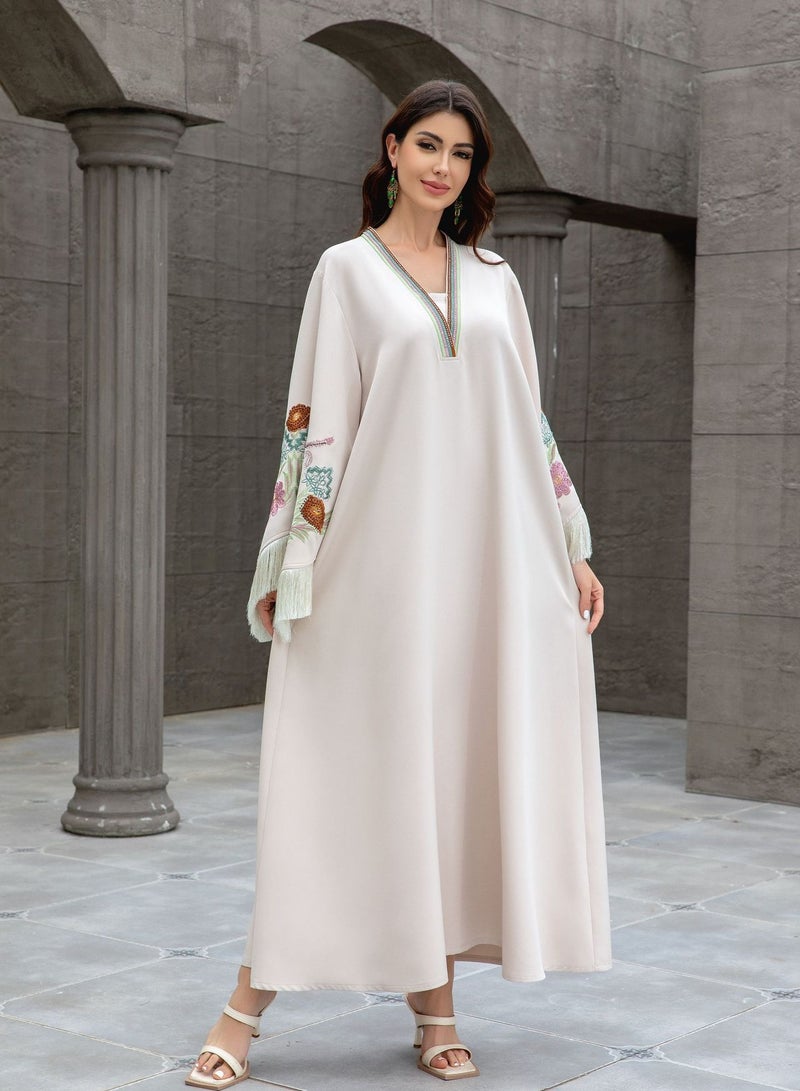 New elegant ivory jalabiya for women, with a V-neck, tassel sleeves and floral embroidery - a modern and traditional design for special occasions - Image 5