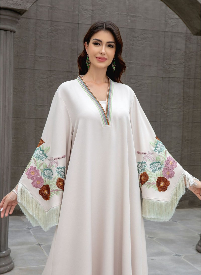 New elegant ivory jalabiya for women, with a V-neck, tassel sleeves and floral embroidery - a modern and traditional design for special occasions - Image 1