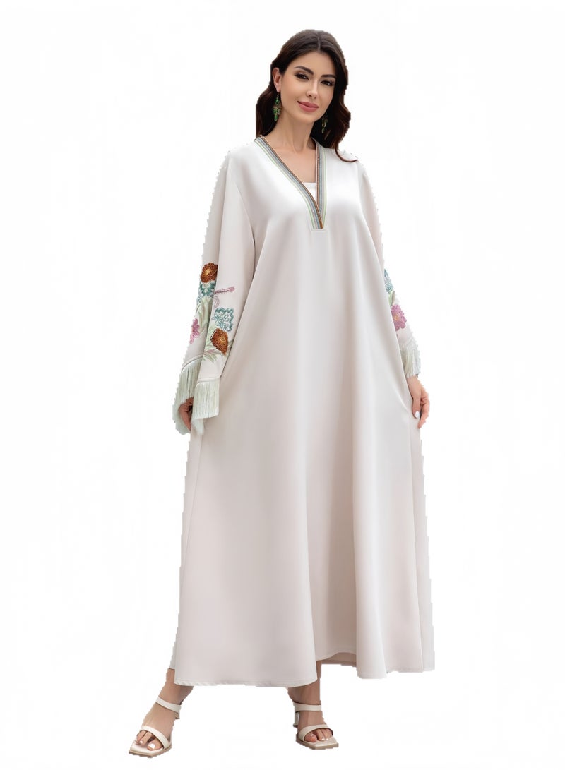 New elegant ivory jalabiya for women, with a V-neck, tassel sleeves and floral embroidery - a modern and traditional design for special occasions - Image 2