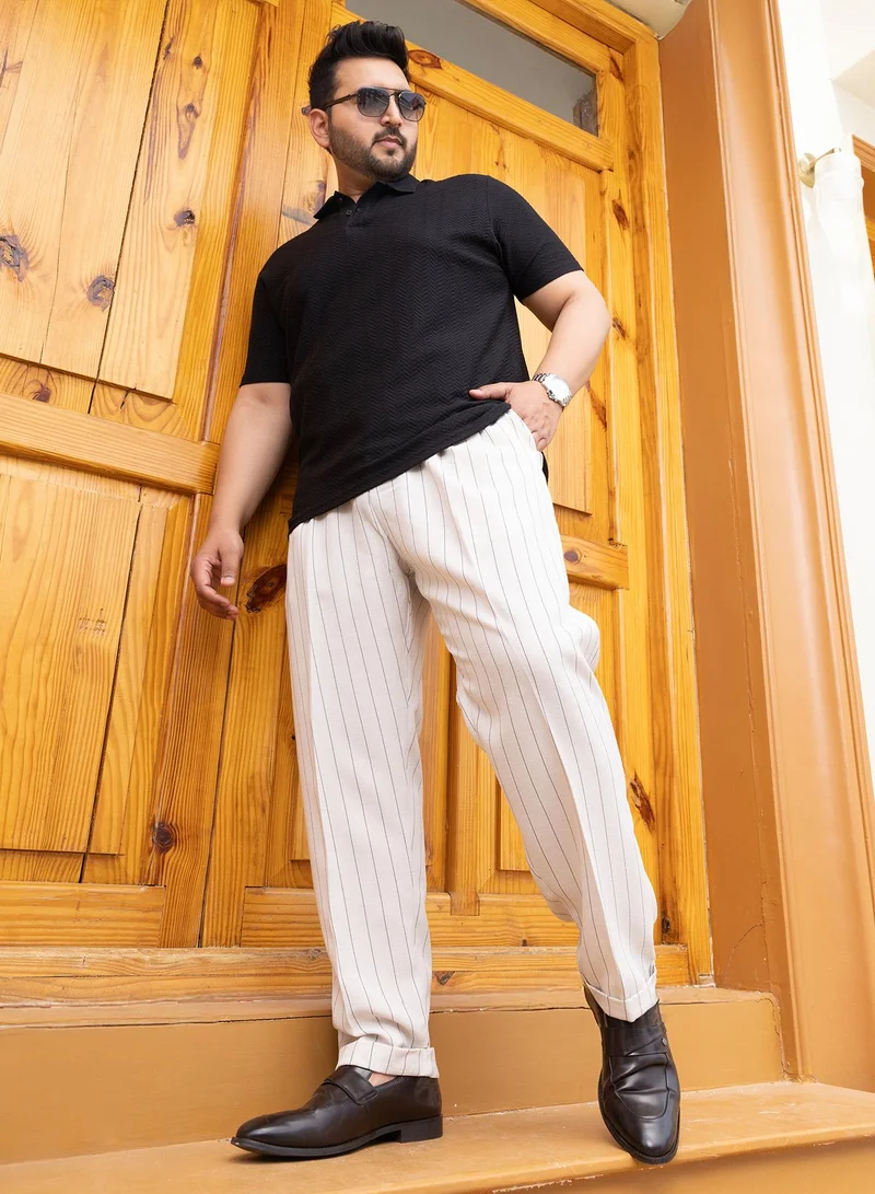 Instafab Plus  Instafab Plus Men's Daisy White Pinstripe-Pleated Chino Trousers For Casual Wear | Mid-Rise | Regular Fit | Hook & Zip Closure | Plus Size Trousers Crafted With Comfort Fit For Everyday Wear for Men | Best Price UAE