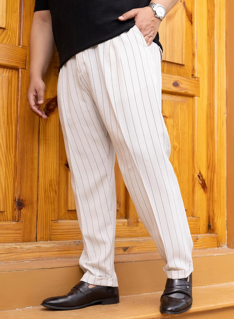 Instafab Plus  Instafab Plus Men's Daisy White Pinstripe-Pleated Chino Trousers For Casual Wear | Mid-Rise | Regular Fit | Hook & Zip Closure | Plus Size Trousers Crafted With Comfort Fit For Everyday Wear for Men | Best Price UAE