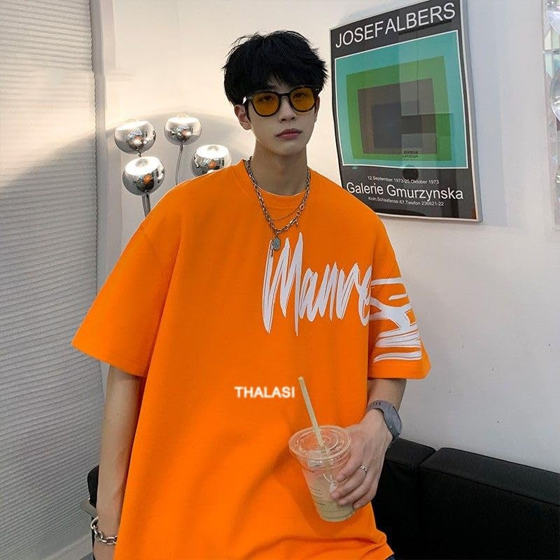 THALASI Orange Round Neck Back Print Oversized T Shirts for Men - Drop Shoulder Baggy Fit T-Shirt for Men - Stylish Anime Korean Printed Cotton T Shirts - Image 3