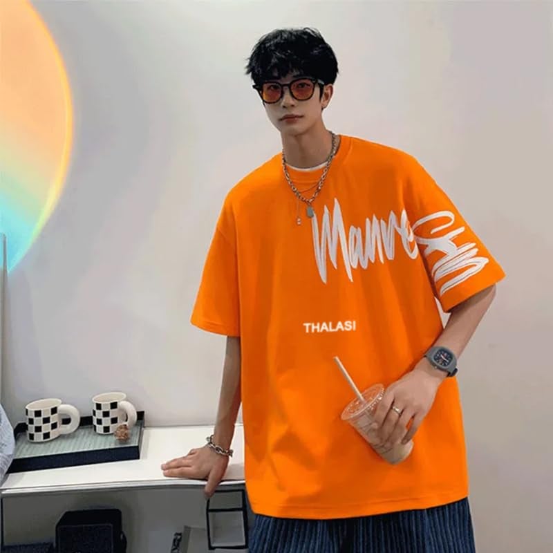 THALASI Orange Round Neck Back Print Oversized T Shirts for Men - Drop Shoulder Baggy Fit T-Shirt for Men - Stylish Anime Korean Printed Cotton T Shirts - Image 2