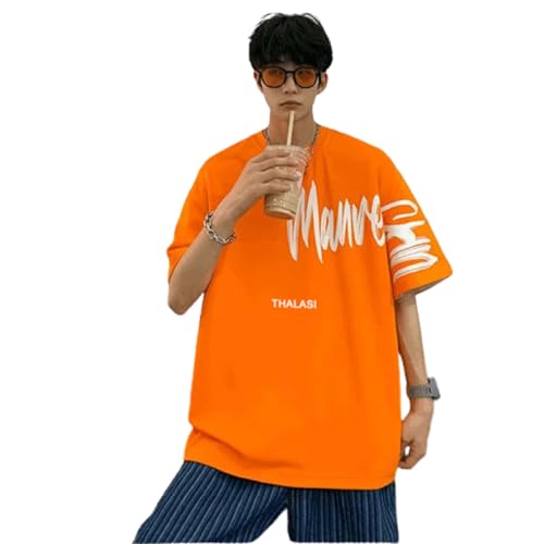 THALASI Orange Round Neck Back Print Oversized T Shirts for Men - Drop Shoulder Baggy Fit T-Shirt for Men - Stylish Anime Korean Printed Cotton T Shirts - Image 1