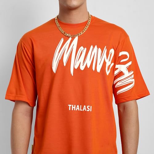 THALASI Orange Round Neck Back Print Oversized T Shirts for Men - Drop Shoulder Baggy Fit T-Shirt for Men - Stylish Anime Korean Printed Cotton T Shirts - Image 5