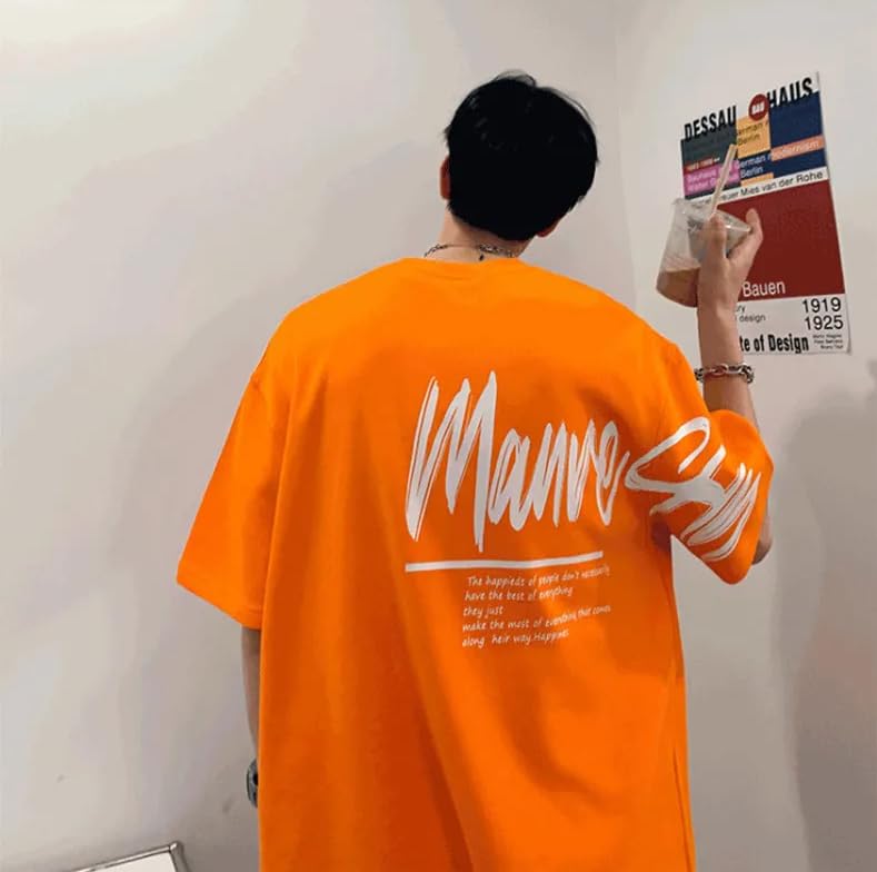 THALASI Orange Round Neck Back Print Oversized T Shirts for Men - Drop Shoulder Baggy Fit T-Shirt for Men - Stylish Anime Korean Printed Cotton T Shirts - Image 4