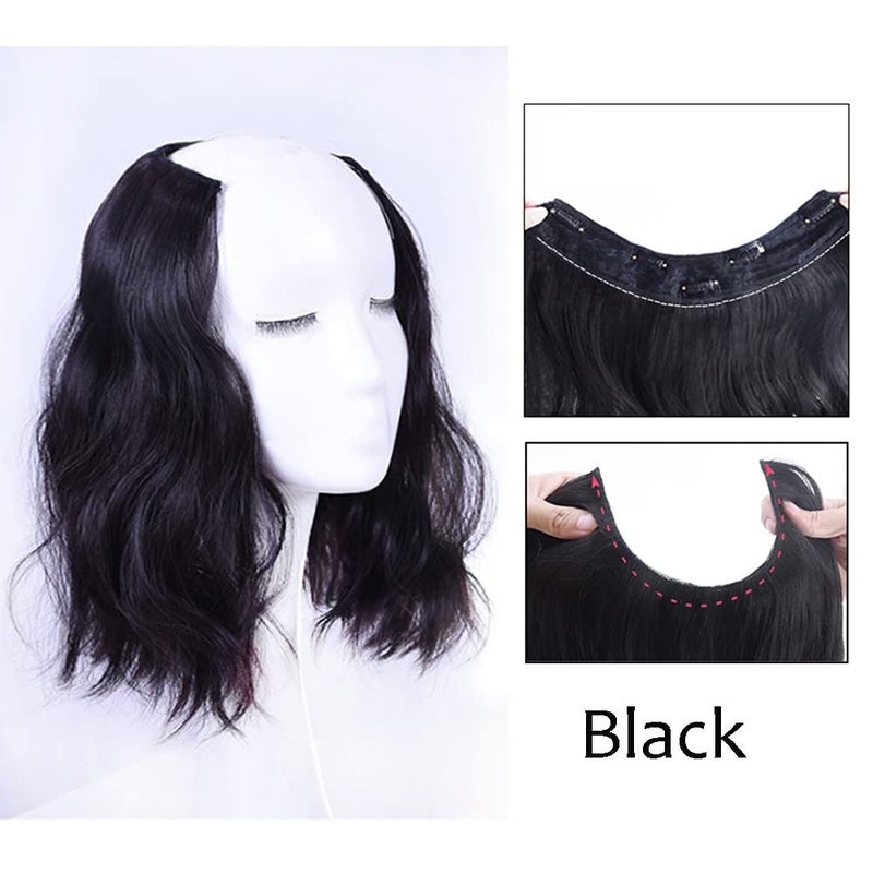 LesafeV Medium Length 12" Wavy U-Shape Part Half Wig One Piece Clip in Hair Extension Black - Image 2