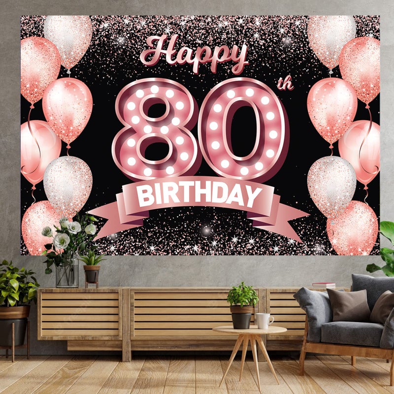 DZTRELFK Happy 80Th Birthday Rose Gold Banner Backdrop Cheers To 80 Years Old Confetti Balloons Theme Decor Decorations For Women 80 Years Old Pink Birthday Party Bday Supplies Background Favors Gift Glitter - Image 5