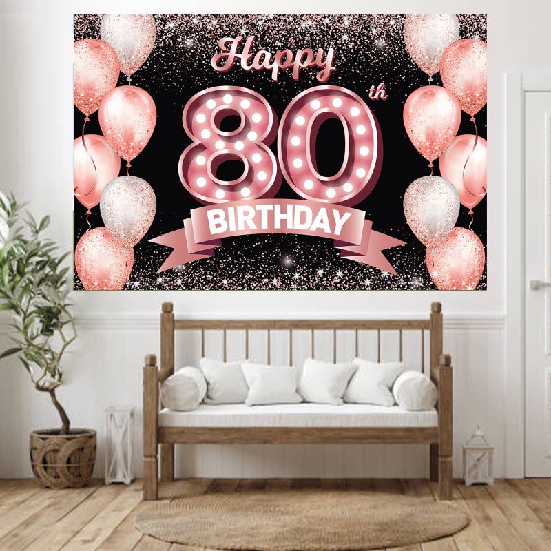 DZTRELFK Happy 80Th Birthday Rose Gold Banner Backdrop Cheers To 80 Years Old Confetti Balloons Theme Decor Decorations For Women 80 Years Old Pink Birthday Party Bday Supplies Background Favors Gift Glitter - Image 4