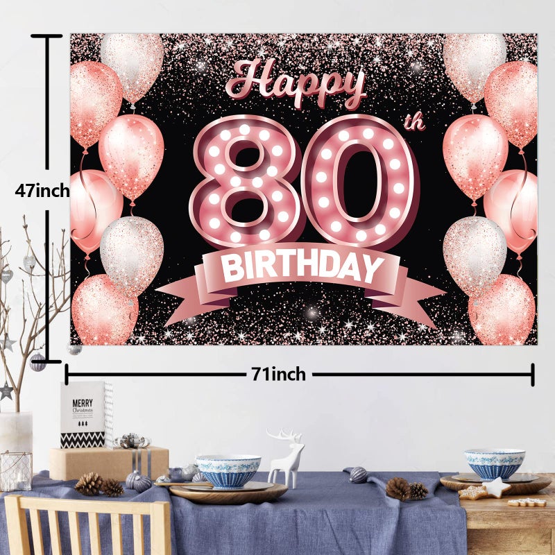 DZTRELFK Happy 80Th Birthday Rose Gold Banner Backdrop Cheers To 80 Years Old Confetti Balloons Theme Decor Decorations For Women 80 Years Old Pink Birthday Party Bday Supplies Background Favors Gift Glitter - Image 2