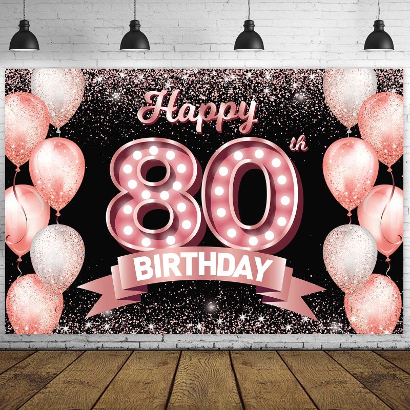 DZTRELFK Happy 80Th Birthday Rose Gold Banner Backdrop Cheers To 80 Years Old Confetti Balloons Theme Decor Decorations For Women 80 Years Old Pink Birthday Party Bday Supplies Background Favors Gift Glitter - Image 1