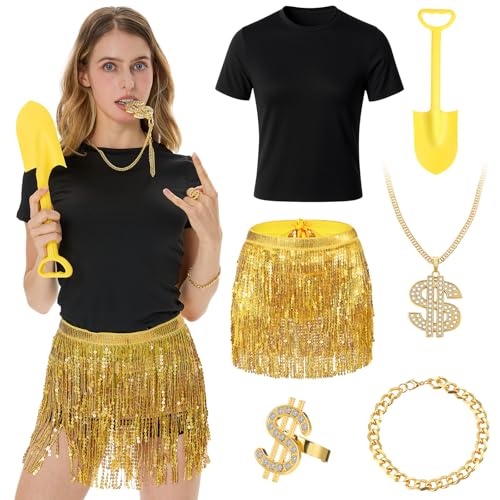 Chicingyou 6 Pack Gold Digger Costume Accessories Sequin Skirts Tshirts Dollar Sign Necklace Ring Bracelet Shovel for WomenS - Image 1