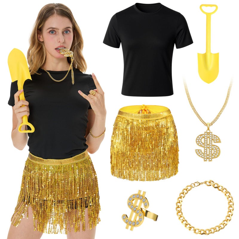 Chicingyou 6 Pack Gold Digger Costume Accessories Sequin Skirts Tshirts Dollar Sign Necklace Ring Bracelet Shovel for WomenS - Image 2
