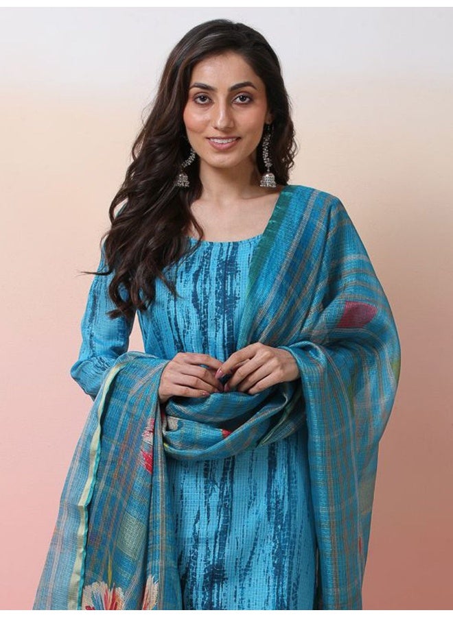 AKS Abstract Printed Round Neck Kurta & Palazzos With Dupatta  - Image 3