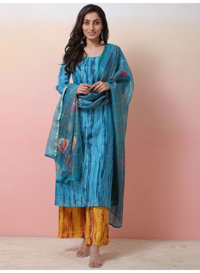 AKS Abstract Printed Round Neck Kurta & Palazzos With Dupatta  - Image 1