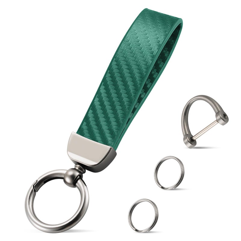JUSTTOP Leather Keychain, Carbon Fiber Car Key Chain with Anti-Lost D-Ring and 2 Key Ring, Keychain Wristlet, Car Accessories, Universal Keychain for Men and Women (Green) - Image 1