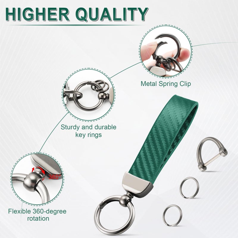 JUSTTOP Leather Keychain, Carbon Fiber Car Key Chain with Anti-Lost D-Ring and 2 Key Ring, Keychain Wristlet, Car Accessories, Universal Keychain for Men and Women (Green) - Image 4