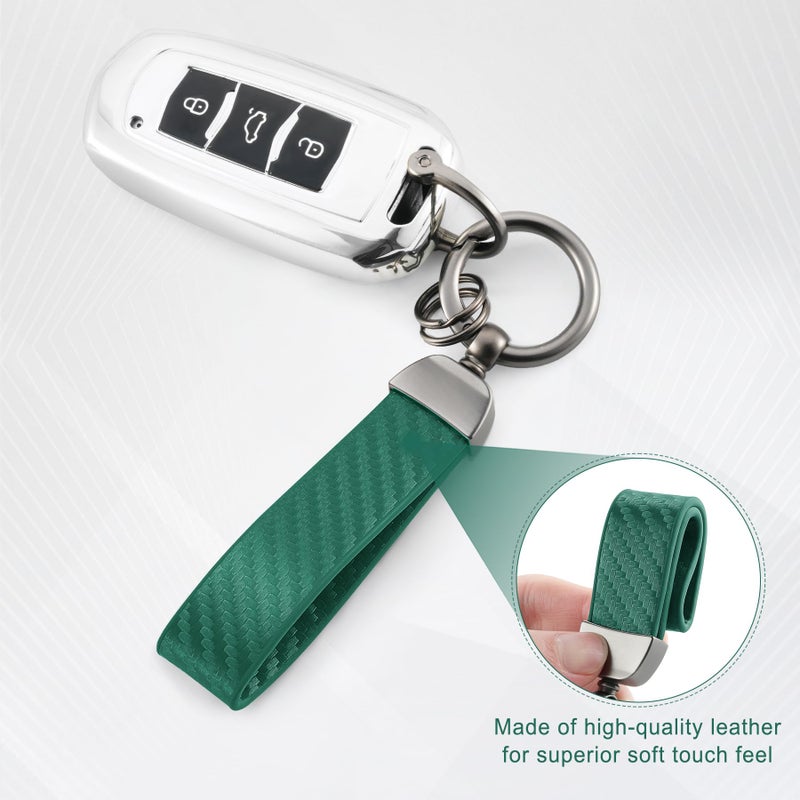 JUSTTOP Leather Keychain, Carbon Fiber Car Key Chain with Anti-Lost D-Ring and 2 Key Ring, Keychain Wristlet, Car Accessories, Universal Keychain for Men and Women (Green) - Image 3