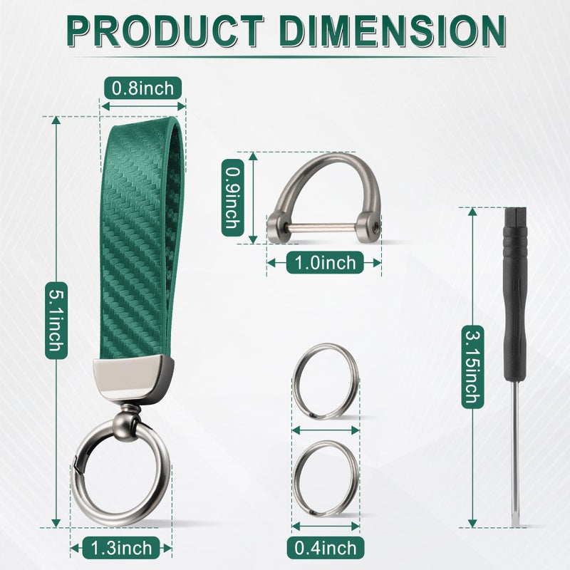 JUSTTOP Leather Keychain, Carbon Fiber Car Key Chain with Anti-Lost D-Ring and 2 Key Ring, Keychain Wristlet, Car Accessories, Universal Keychain for Men and Women (Green) - Image 2
