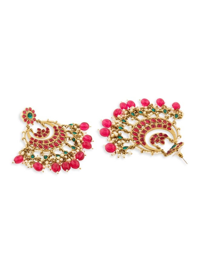 Zaveri Pearls أقراط تشاندبالي مميزة للنساء من زافيري بيرلز راني، مرصعة بأحجار وردية وخضراء، مطلية بطلاء عتيق - ZPFK21482 - Image 5