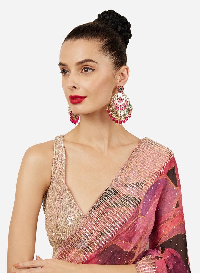 Zaveri Pearls أقراط تشاندبالي مميزة للنساء من زافيري بيرلز راني، مرصعة بأحجار وردية وخضراء، مطلية بطلاء عتيق - ZPFK21482 - Image 4