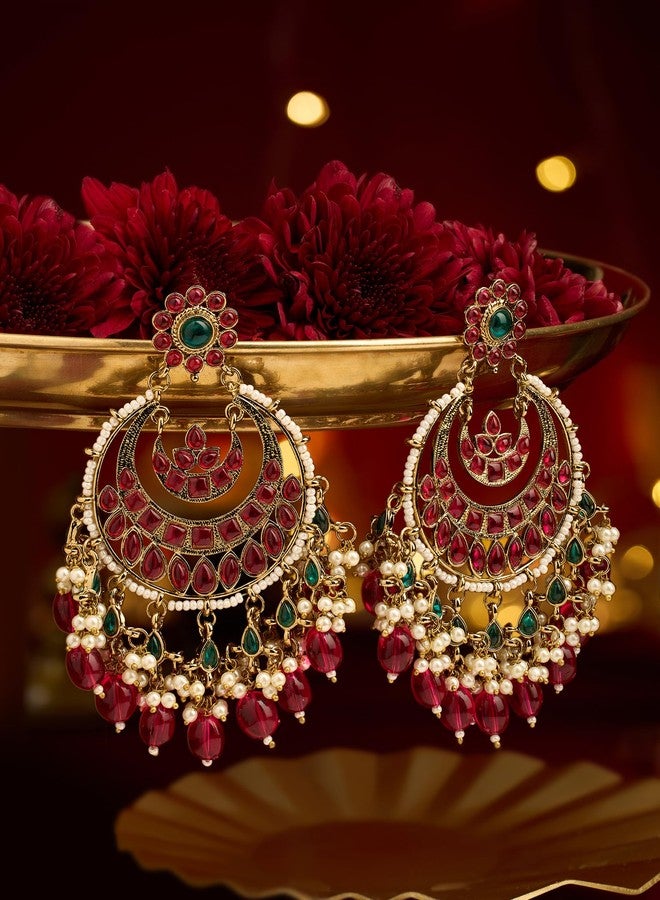 Zaveri Pearls أقراط تشاندبالي مميزة للنساء من زافيري بيرلز راني، مرصعة بأحجار وردية وخضراء، مطلية بطلاء عتيق - ZPFK21482 - Image 3