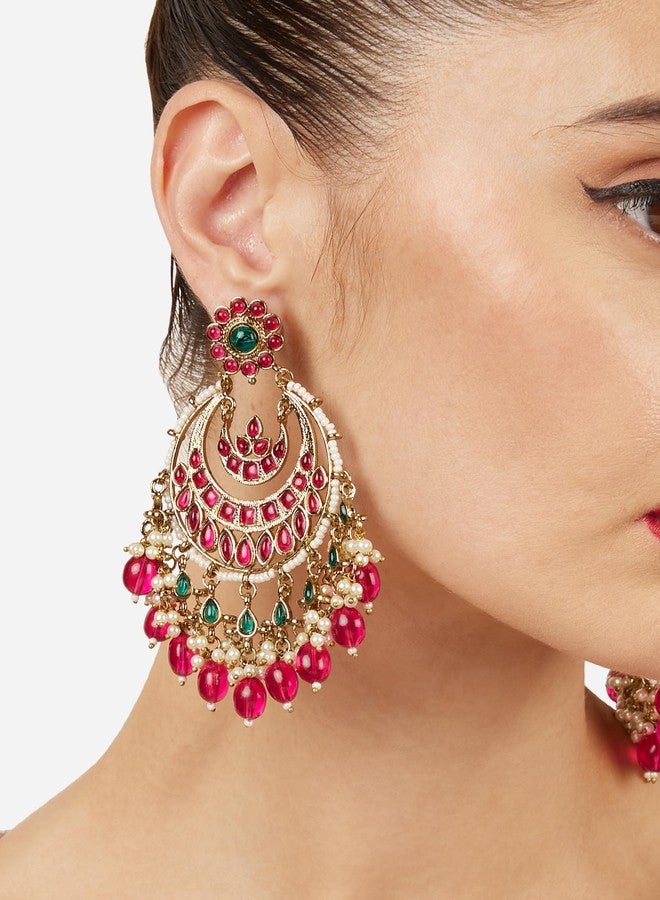 Zaveri Pearls أقراط تشاندبالي مميزة للنساء من زافيري بيرلز راني، مرصعة بأحجار وردية وخضراء، مطلية بطلاء عتيق - ZPFK21482 - Image 2