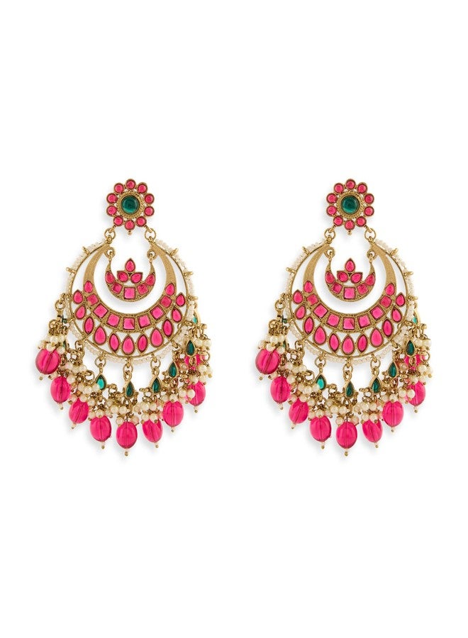 Zaveri Pearls أقراط تشاندبالي مميزة للنساء من زافيري بيرلز راني، مرصعة بأحجار وردية وخضراء، مطلية بطلاء عتيق - ZPFK21482 - Image 1