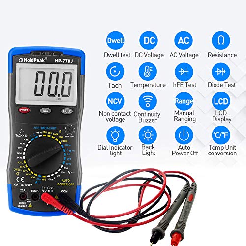 AOPUTTRIVER Digital Multimeter HP-770J Automotive Multimeter Engine Analyser Manual Ranging NCV Multi Tester Voltmeter Measure Voltage+Current+Resistance+Temp+RPM+Dwell Angle with Data Hold+Backlight+Auto Off+℃/℉ - Image 3