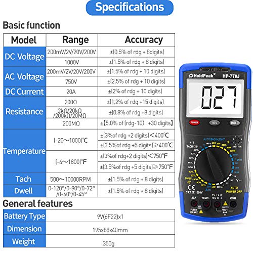 AOPUTTRIVER Digital Multimeter HP-770J Automotive Multimeter Engine Analyser Manual Ranging NCV Multi Tester Voltmeter Measure Voltage+Current+Resistance+Temp+RPM+Dwell Angle with Data Hold+Backlight+Auto Off+℃/℉ - Image 4
