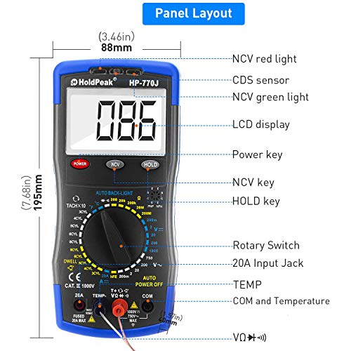 AOPUTTRIVER Digital Multimeter HP-770J Automotive Multimeter Engine Analyser Manual Ranging NCV Multi Tester Voltmeter Measure Voltage+Current+Resistance+Temp+RPM+Dwell Angle with Data Hold+Backlight+Auto Off+℃/℉ - Image 2