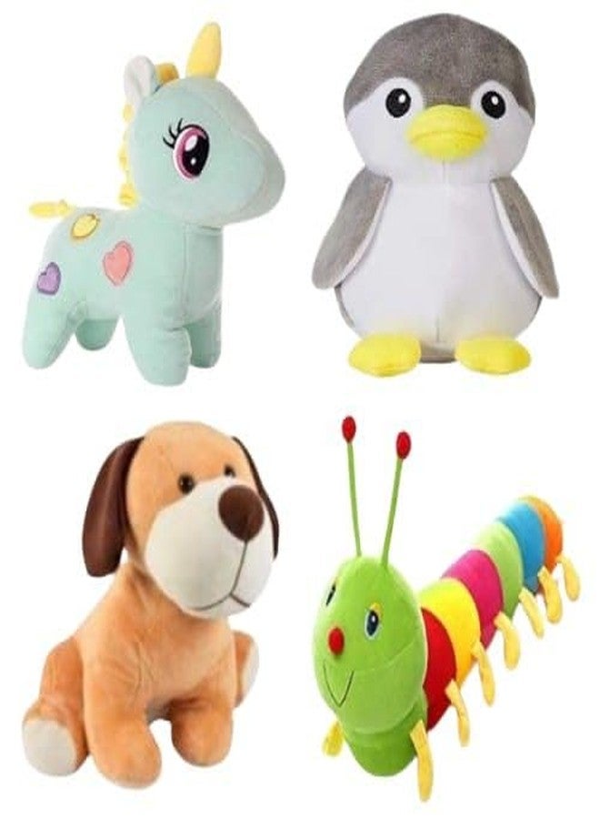 Future Shop Pack of 4 Elegant Soft Animals Stuffed Plush Fur Soft Toys Combo Set for Kids/Childrens/Boys/Girls Playing Birthday Gift Unicorn,Penguine,Dog,Caterpillar - Image 1