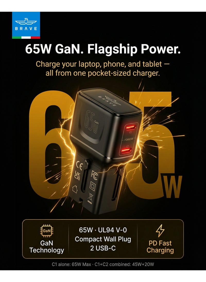 بريف شاحن سفر سريع GaN بقدرة 65 واط USB-C PD PPS بمنفذين | Type-C شحن سريع 45 واط + 20 واط | محول عالمي مدمج مع مقابس US UK EU AU | يدعم 200 دولة | شاحن متعدد المنافذ للابتوب والهواتف الذكية - أسود - Image 2