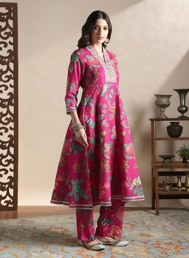 globus Zari Embroidered Floral Print Anarkali Kurta and Pants Festive Set