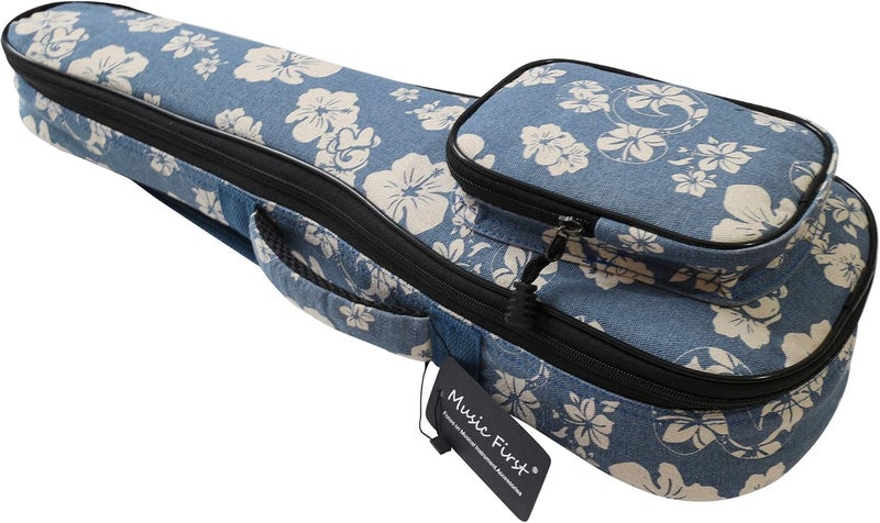 MUSIC FIRST Padded Hawaii Style Blue and White Plumeria Canvas Ukulele Case for 23-24 inch Concert Ukulele - Image 2